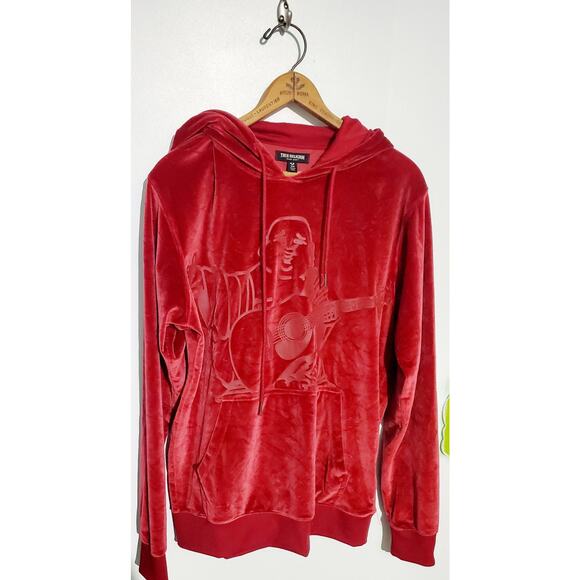 True Religion Mens Red Crushed Velour Budda Hoodie Size M Streetwear Hipster - Picture 1 of 11